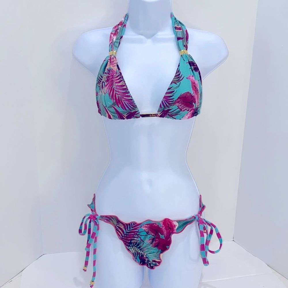Le Saint Tropical Floral Bikini With Scrunched Brazilian Style Bottom Teal Pink